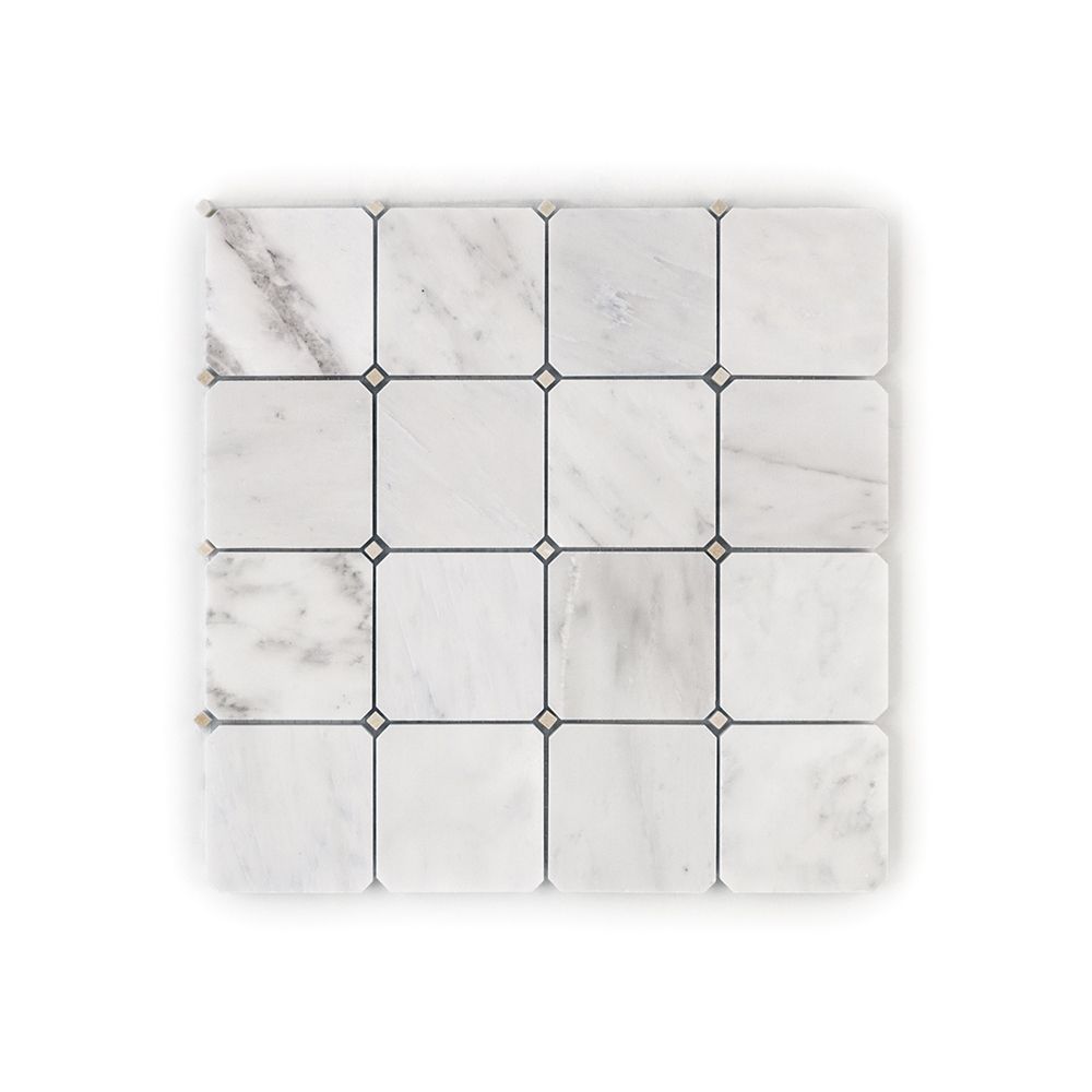 Octagon Dot Mosaic 11.25" x 11.25" Classic Statuario - Botticino Dot Straight Shot