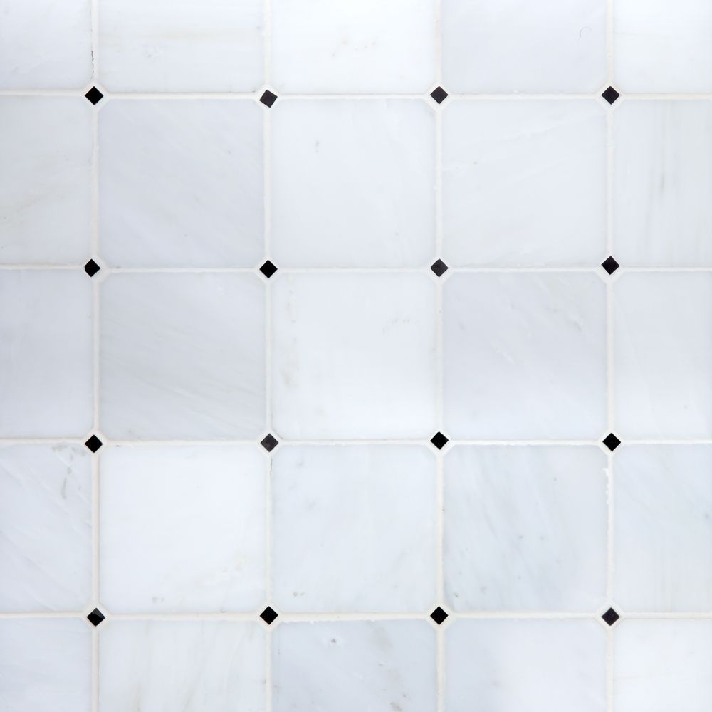 Octagon Dot Mosaic 11.25" x 11.25" Classic Statuario - Black Dot Straight Shot