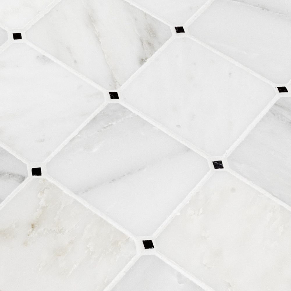 Octagon Dot Mosaic 11.25" x 11.25" Classic Statuario - Black Dot Straight Shot