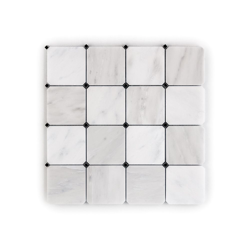 Octagon Dot Mosaic 11.25" x 11.25" Classic Statuario - Black Dot Straight Shot