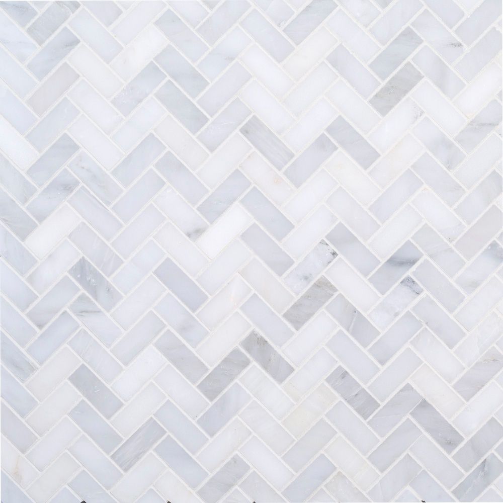 1.75" Herringbone Mosaic 12" x 12.75" White Straight Shot