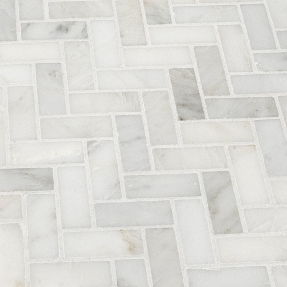 1.75" Herringbone Mosaic 12" x 12.75" White Straight Shot