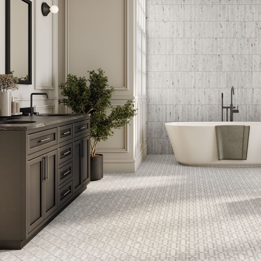 Cross Parquet Mosaic 13.125" x 13.125" Classic Statuario Straight Shot