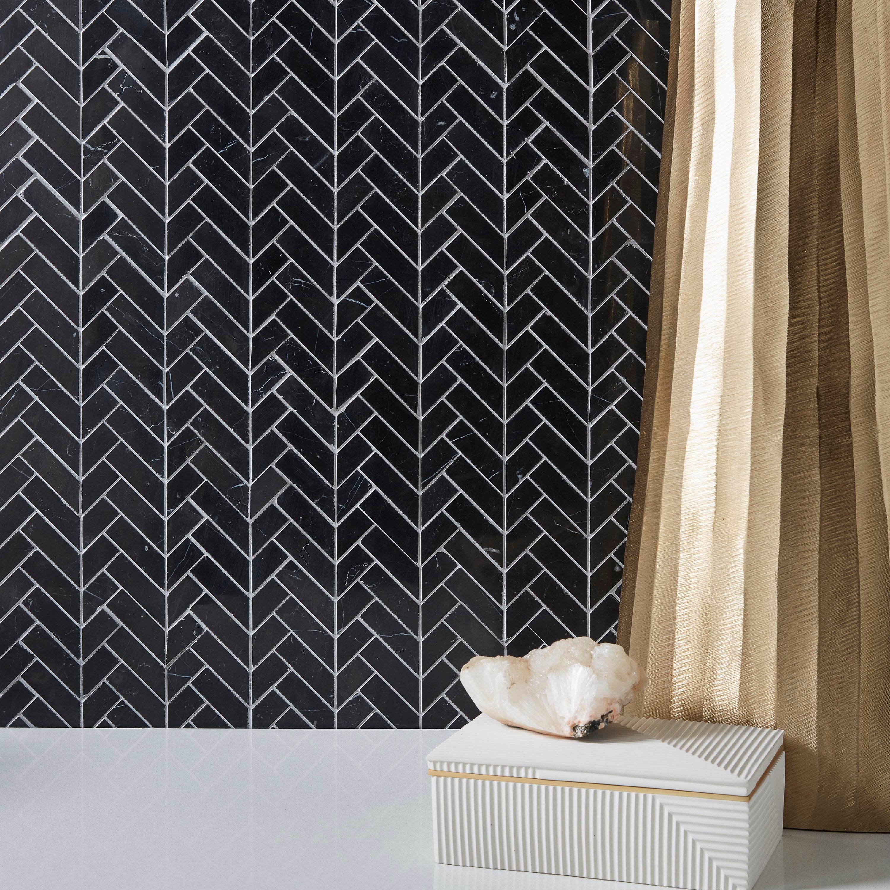 Mod Herringbone Mosaic 11.375" x 11.75" Nero Marquina Straight Shot