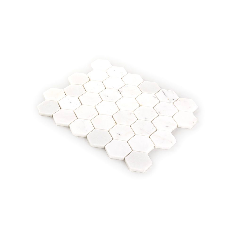 2" Hexagon Mosaic 9.375" x 10.75" Crystal White Straight Shot