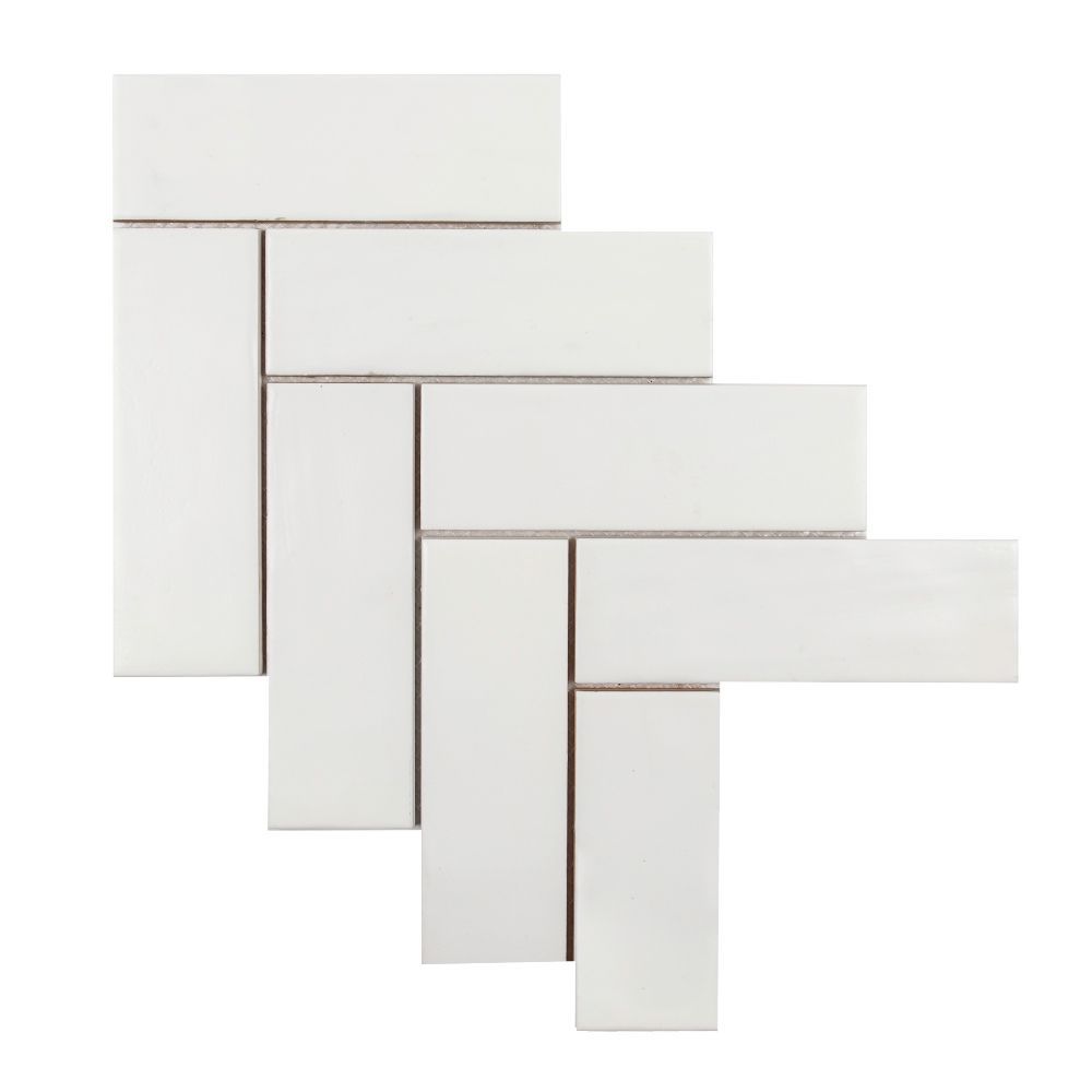 2.5" x 8" Brick Herringbone Mosaic 11.125" x 15.25" White Straight Shot