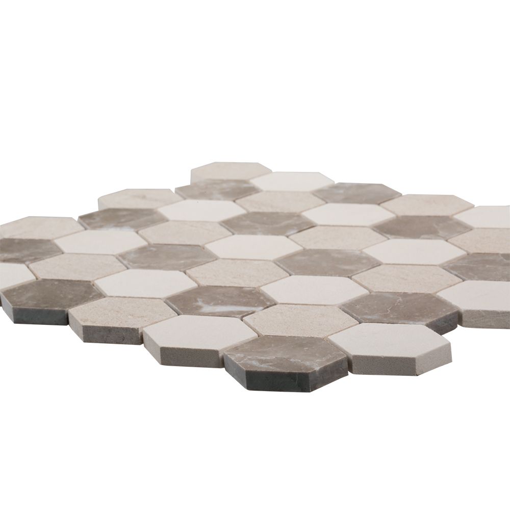 Hexagon Mixed Medley Mosaic 11" x 12.4375" Limestone & Marble Blend Straight Shot