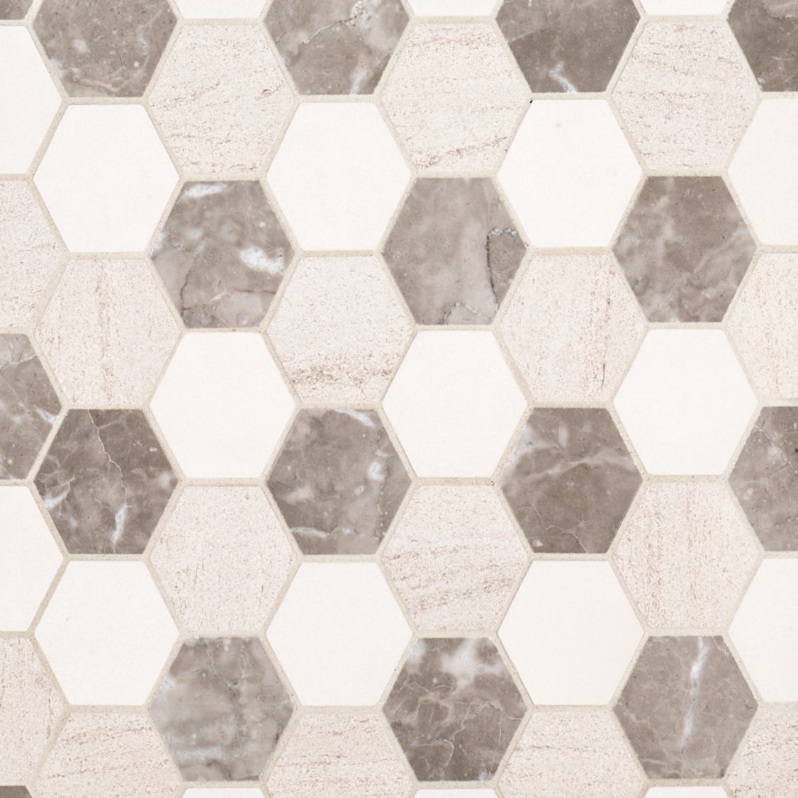 Hexagon Mixed Medley Mosaic 11" x 12.4375" Limestone & Marble Blend Straight Shot