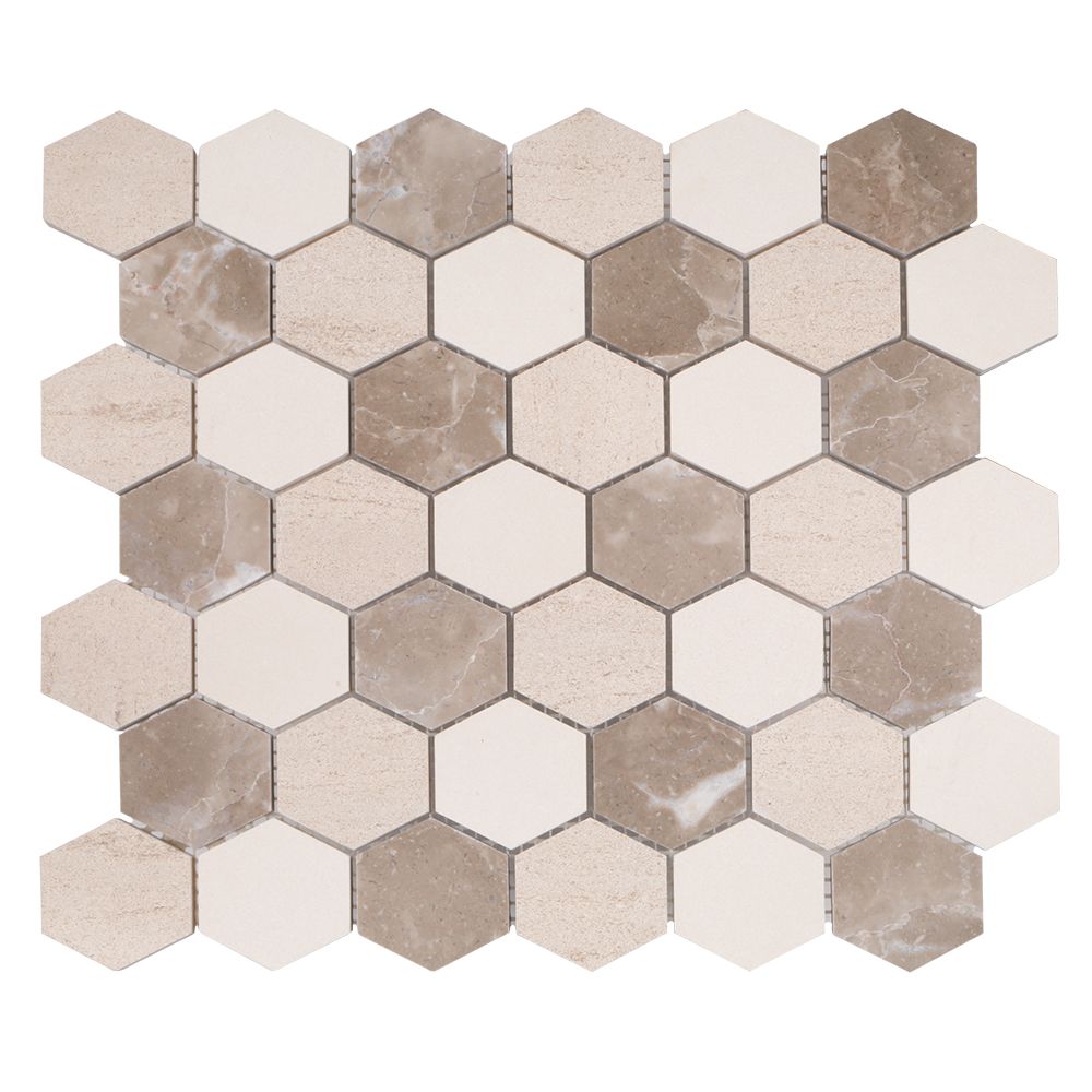 Hexagon Mixed Medley Mosaic 11" x 12.4375" Limestone & Marble Blend Straight Shot