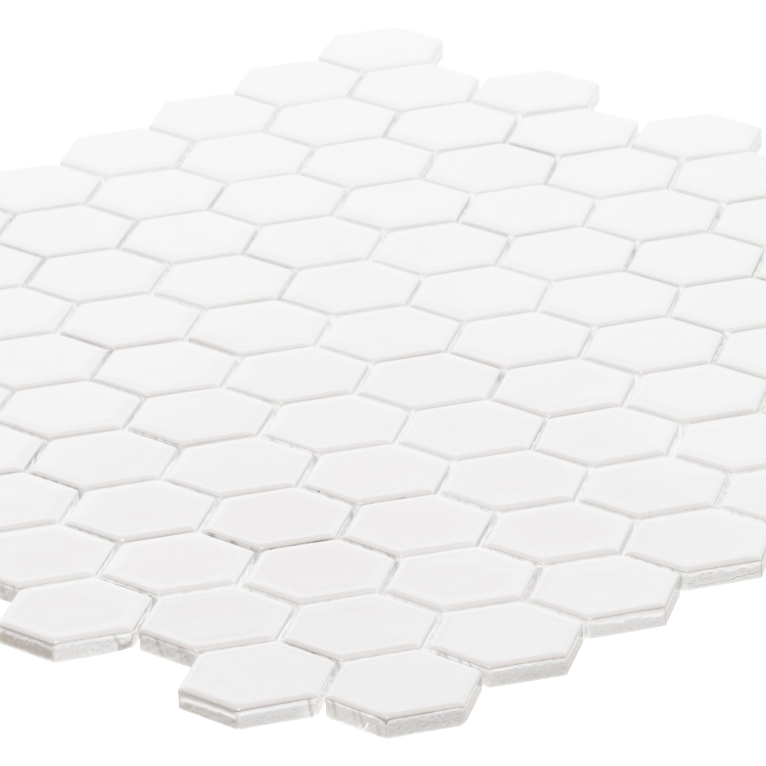 1" Hexagon Mosaic 11" x 11.375" Gloss Crescent White Straight Shot