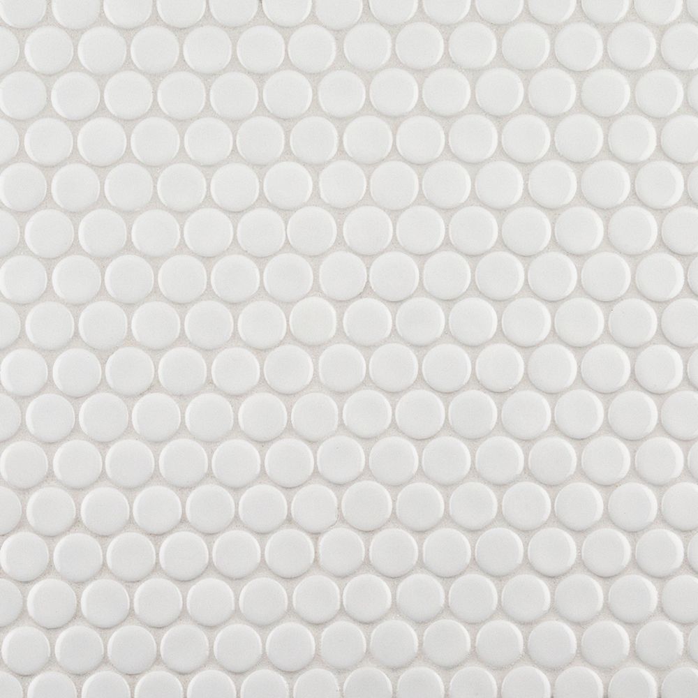 3/4" Penny Round Mosaic 11.375" x 12.25" Gloss Crescent White Straight Shot