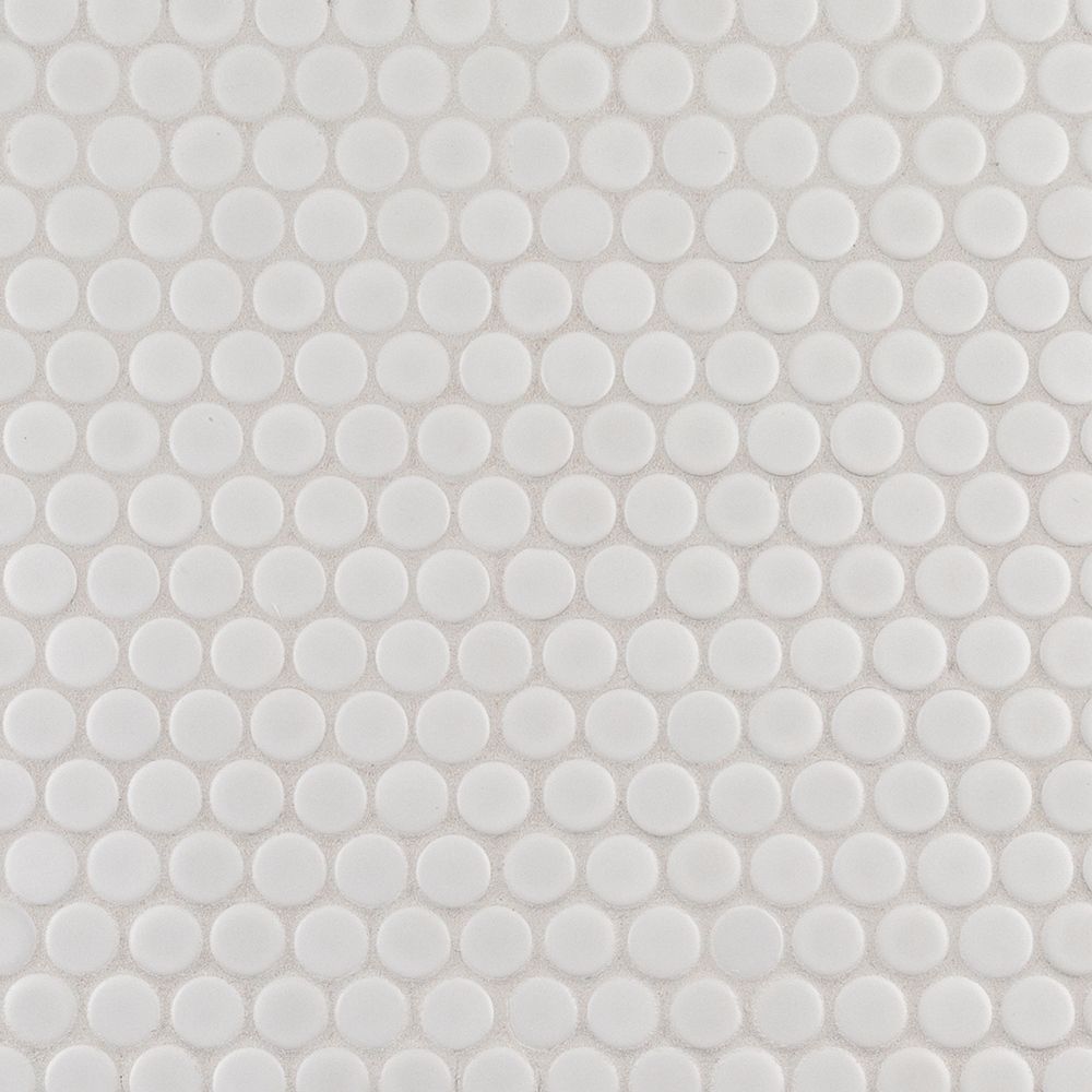 3/4" Penny Round Mosaic 11.375" x 12.25" Matte Crescent White Straight Shot