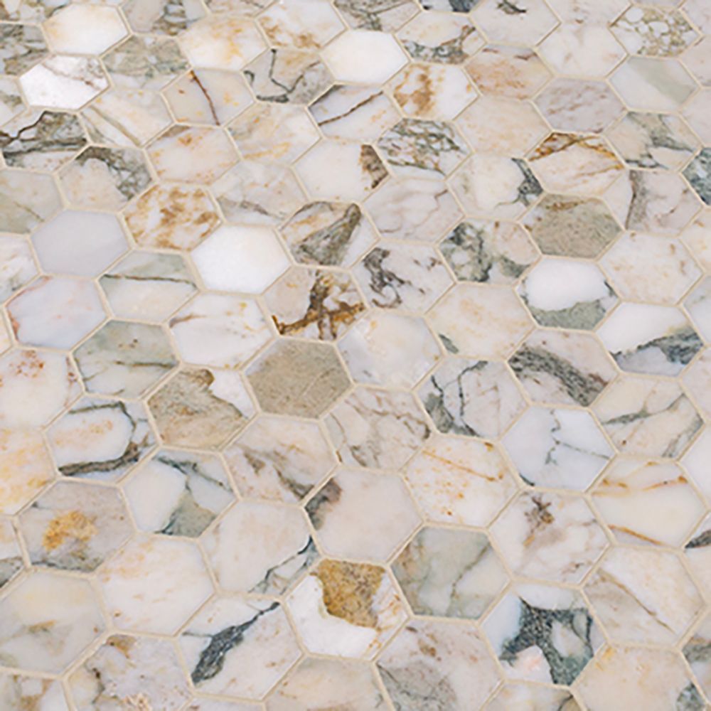2" Hexagon Mosaic 10.25" x 11.625" Calacatta Verde Straight Shot