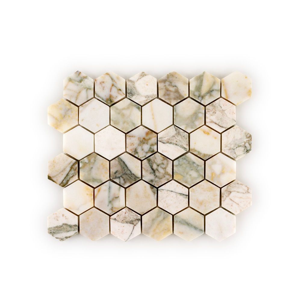 2" Hexagon Mosaic 10.25" x 11.625" Calacatta Verde Straight Shot