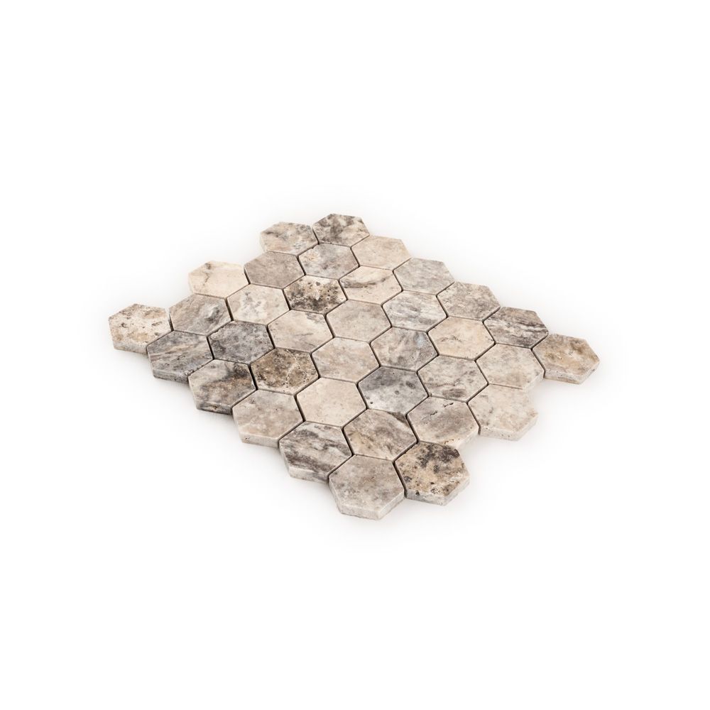 2" Hexagon Mosaic 10.25" x 11.625" Silver Travertine Straight Shot