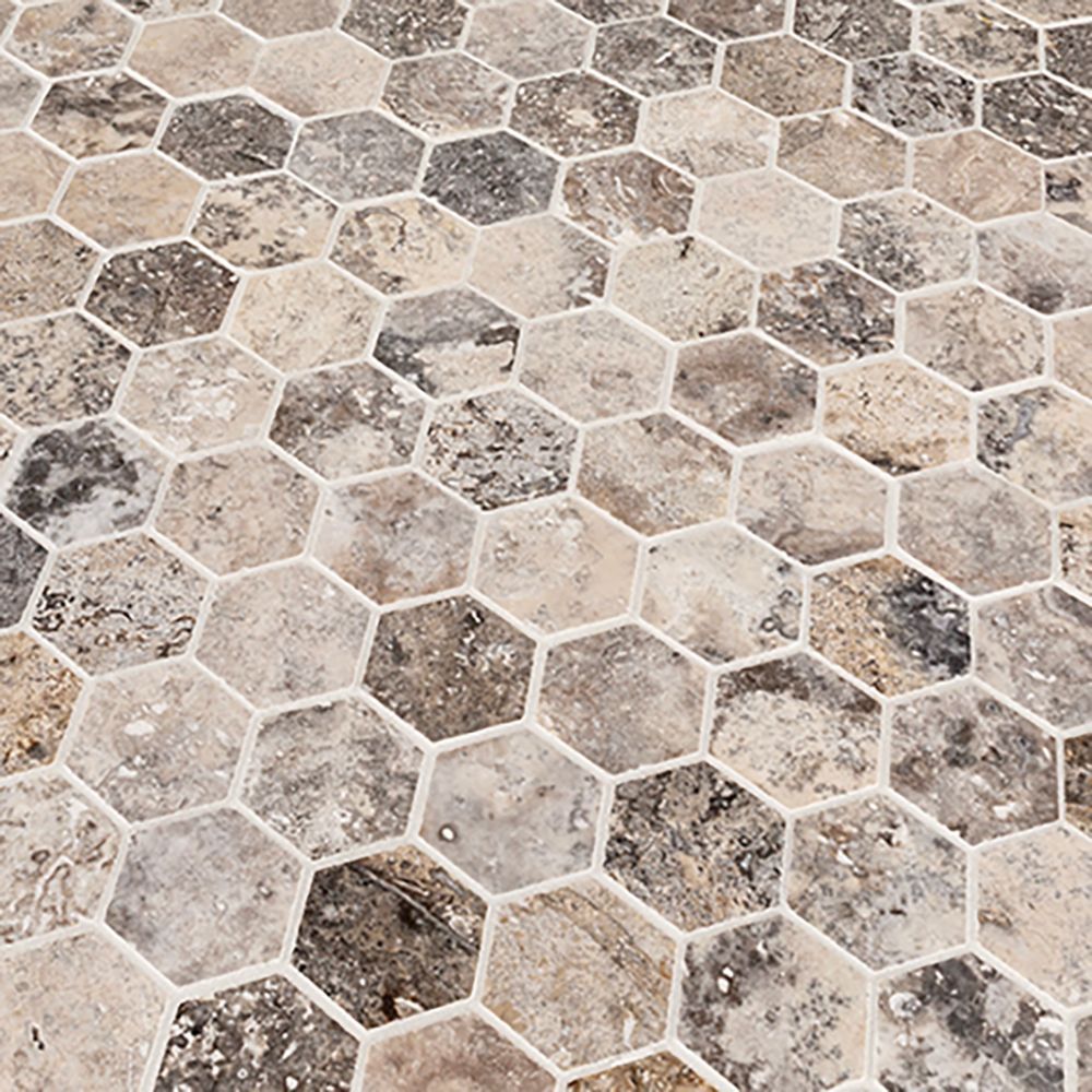 2" Hexagon Mosaic 10.25" x 11.625" Silver Travertine Straight Shot