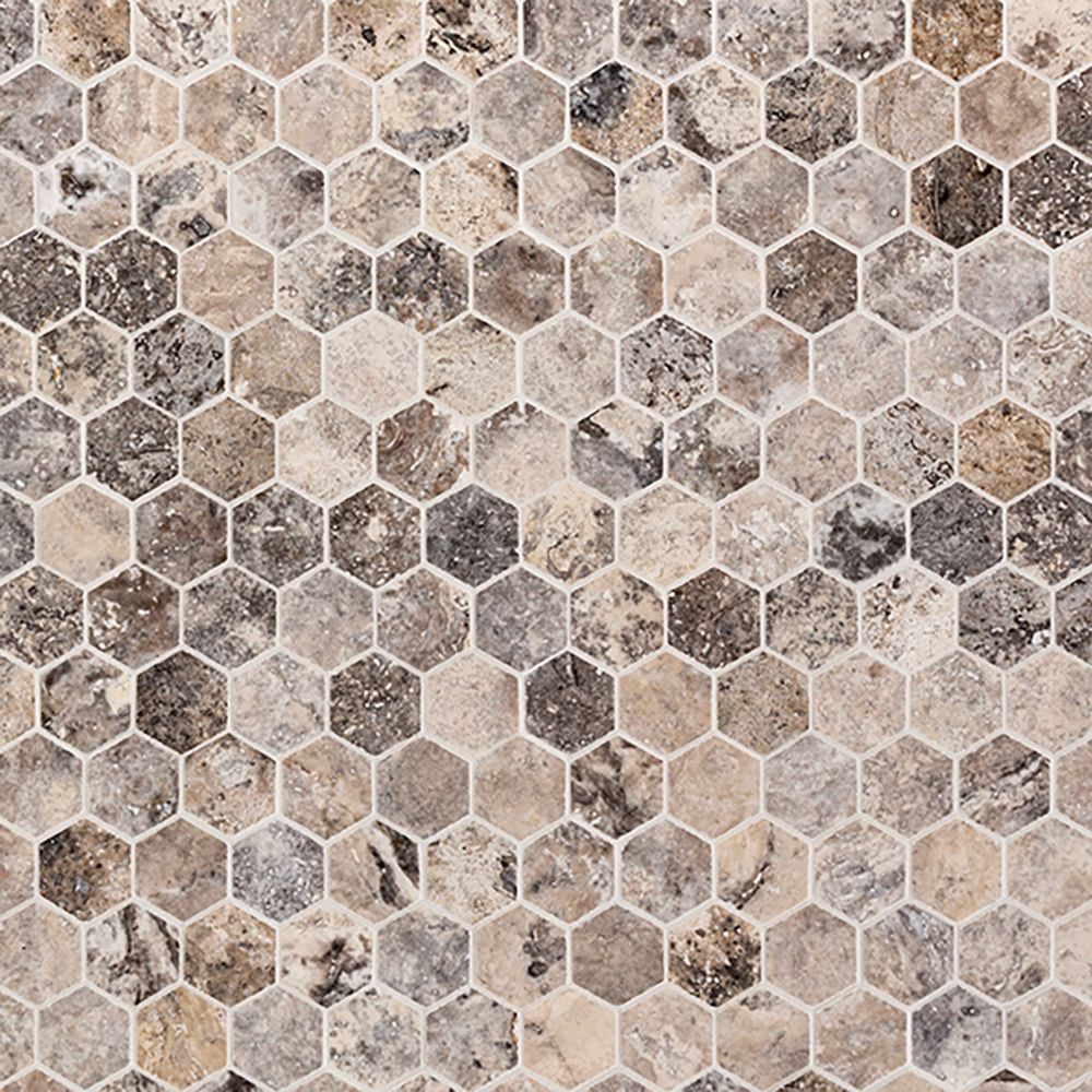 2" Hexagon Mosaic 10.25" x 11.625" Silver Travertine Straight Shot