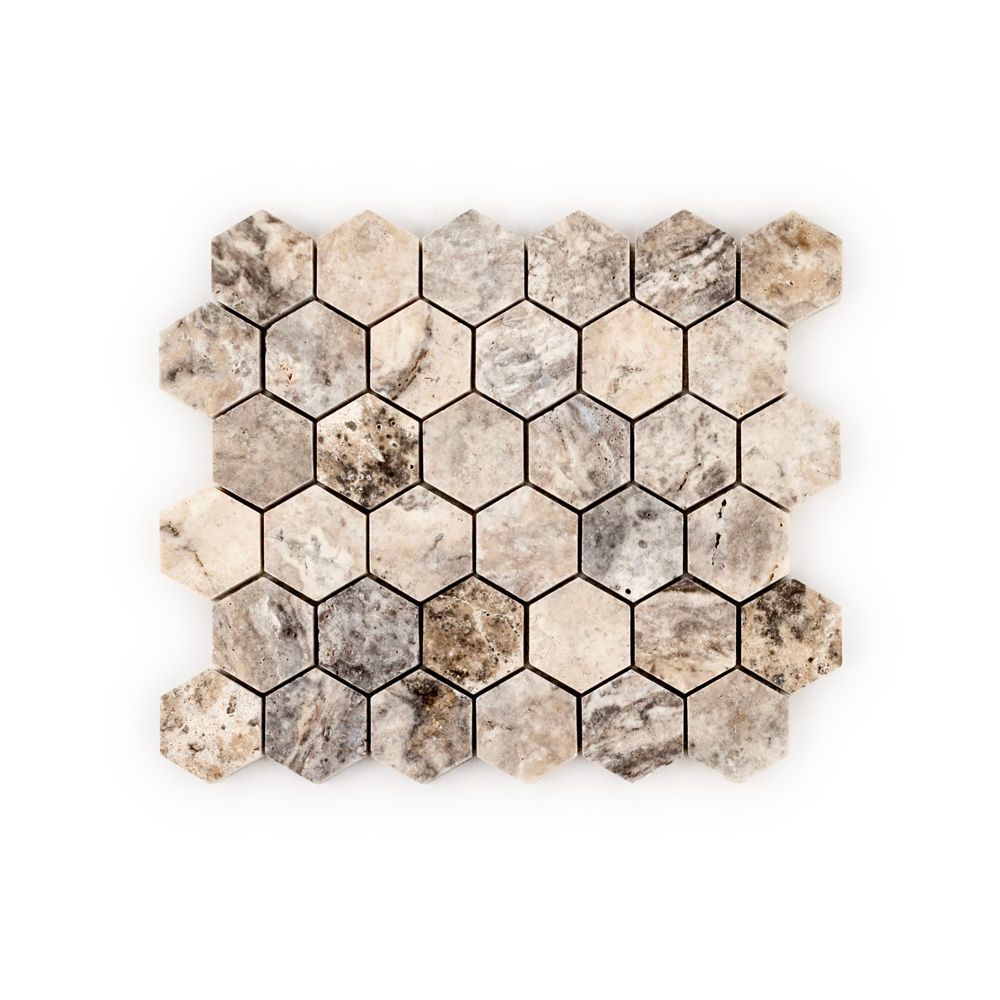 2" Hexagon Mosaic 10.25" x 11.625" Silver Travertine Straight Shot