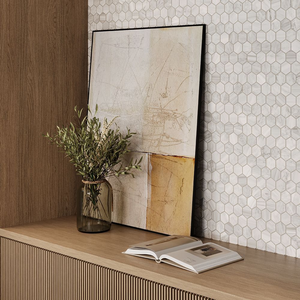 2" Hexagon Mosaic 9.375" x 10.75" Venato Straight Shot