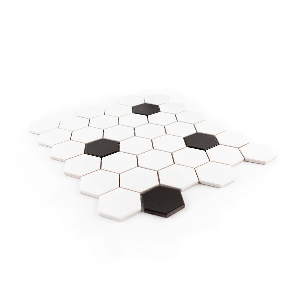 2" Hexagon Mosaic 10.75" x 12.375" White/Black Straight Shot