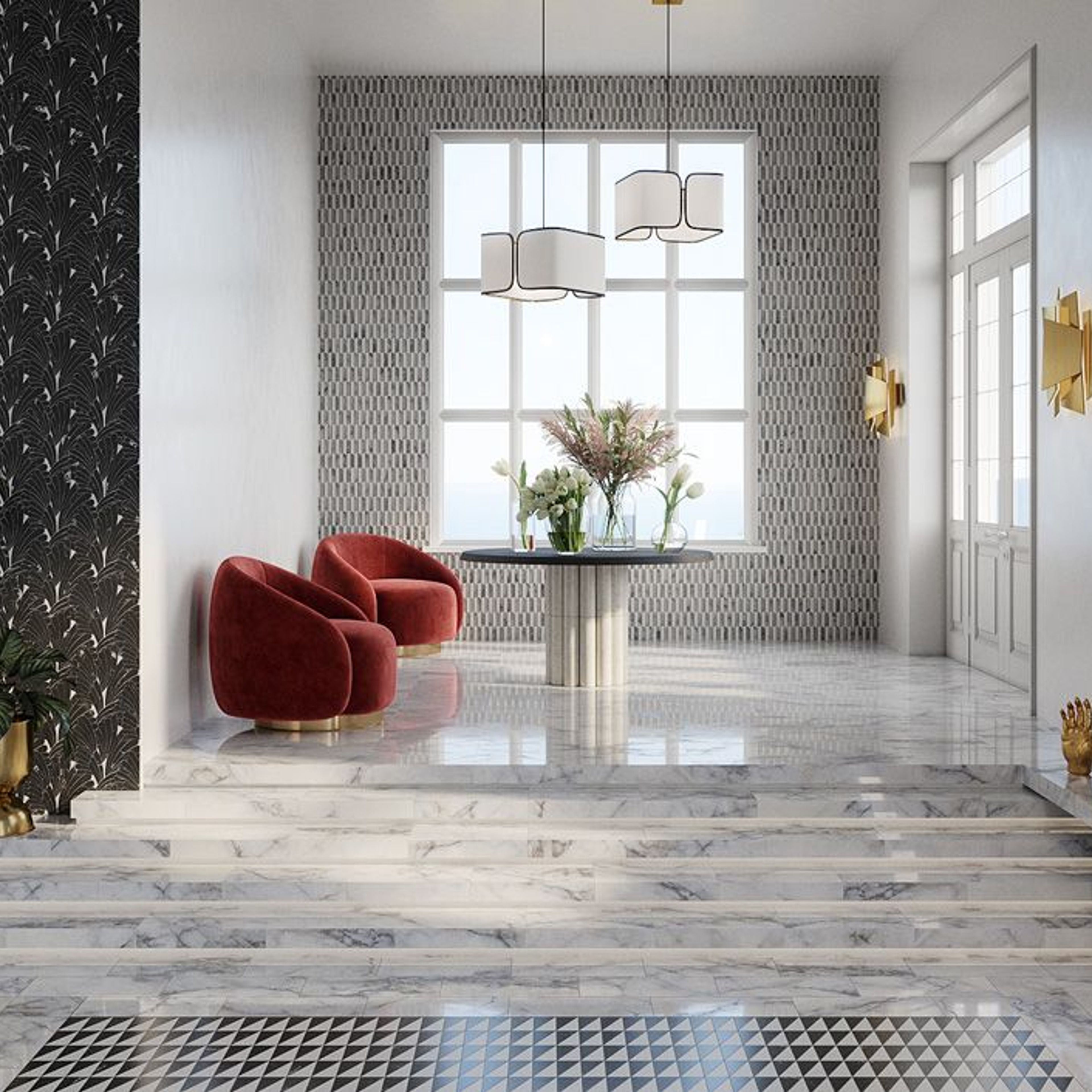 Eternal by Jeffrey Court: Black Tie - Field Tile 10" x 20" Arabescato 22119, Black Tie Mosaic Tuxedo 22118, Black Tie Mosaic Ballet 22126