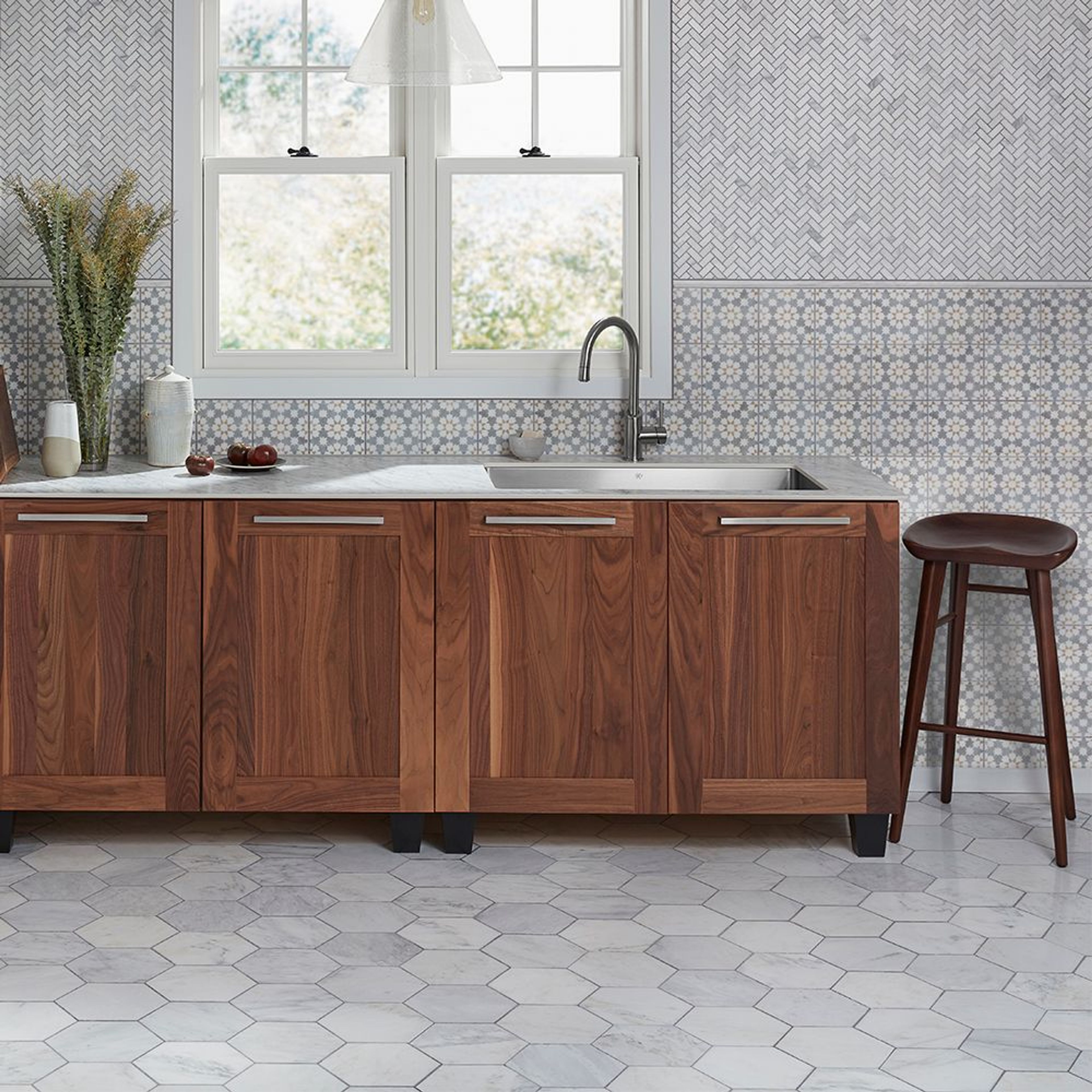 Classic Statuario: 1.75" Herringbone Mosaic Classic Statuario 15186, Hexagon Field Tile 8" x 9.25" Classic Statuario 15185, Mediterranean Manor Field Tile 6" x 6" Classic Statuario 15190, Dome 0.75" x 12" Classic Statuario 15162