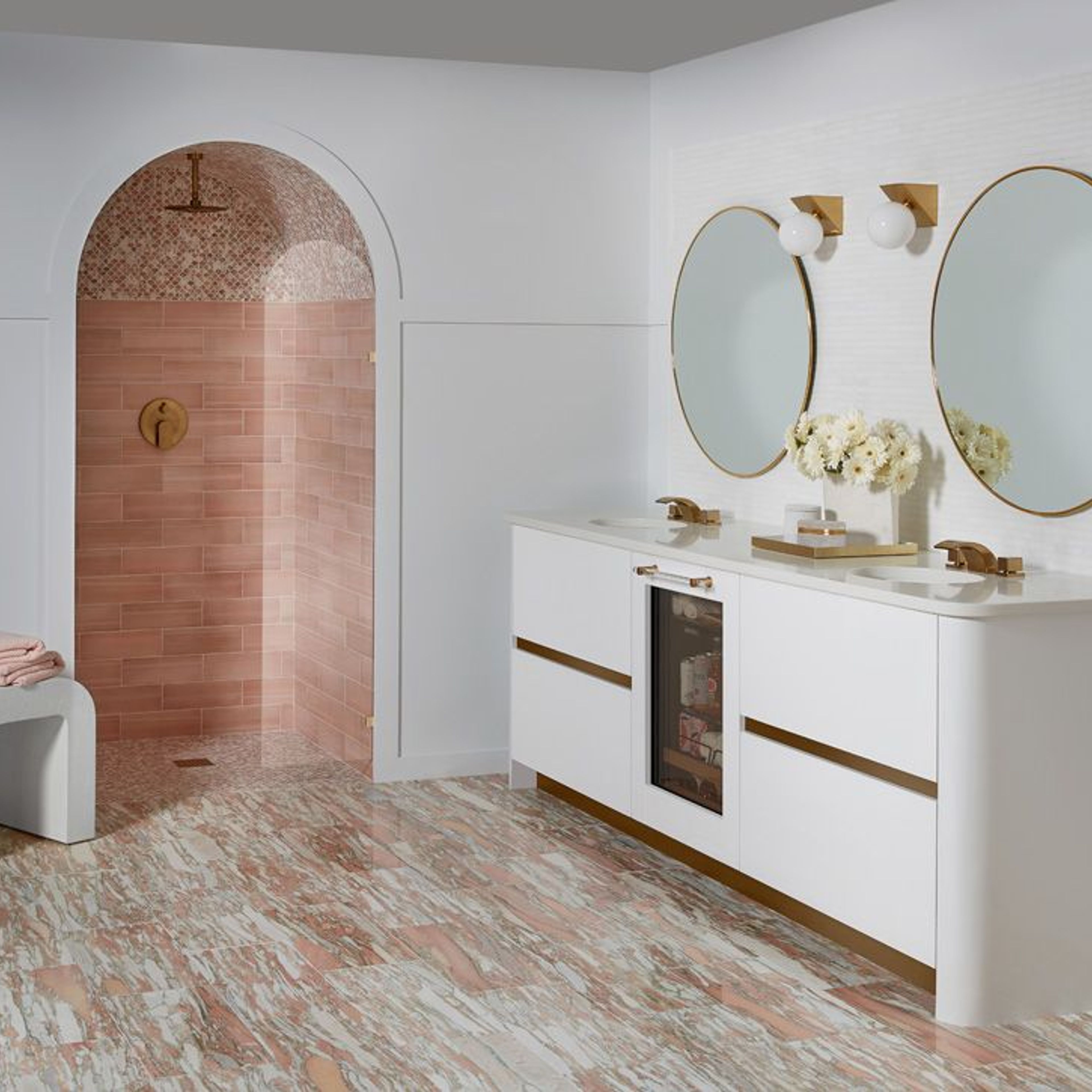 Eternal by Jeffrey Court: Debutante Mosaic Gown 22127, Debutante - Field Tile 4" x 12" Blush 22157, Debutante - Field Tile 10" x 20" Nossa Norwegian 22120